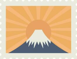 Isolated Volcano Against Sun Rays Orange Background For Stamp Or Label Design. vector
