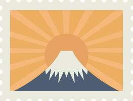 Isolated Volcano Against Sun Rays Orange Background For Stamp Or Label Design. vector