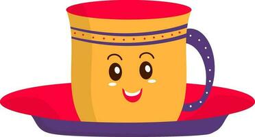 Cheerful Cartoon Tea Or Coffee Cup On Plate Against White Background. vector