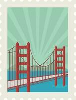 Illustration Of Golden Gate With Rays And Mountain Background For Stamp, Label Or Sticker Design. vector