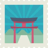 Chinese Door With Rays And Mountain For Sticker Or Stamp Design. vector