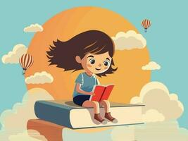 Smiley Girl Character Reading Book On Textbook Stack With Clouds, Hot Air Balloons On Sun Pastel Turquoise Background. vector