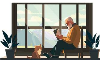 Elderly Man Character Reading A Book On Chair With Adorable Cat, Plant Vase On Mountain Landscape Through Window Background. vector