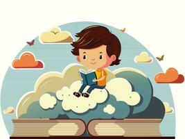 Cute Boy Character Reading Book On Clouds Background With Butterflies. vector