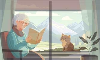 Elderly Woman Character Reading A Book On Chair With Plant Vase And Adorable Cat On Mountain Landscape Through Window Background. vector