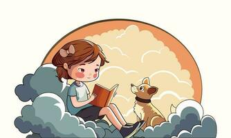 Cute Girl Character Reading Book Near Cartoon Dog Sitting On Clouds Background. vector