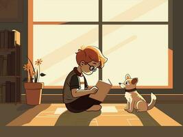 Vector Illustration of Cute Boy Character Reading A Book Near The Dog, Plant Vase, Bookshelves On Window Background.