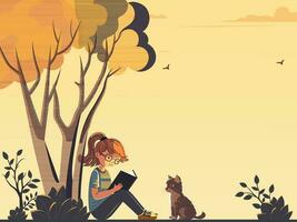 Fashionable Young Girl Character Reading A Book With Cute Cat Under The Tree On Yellow Background And Copy Space. vector