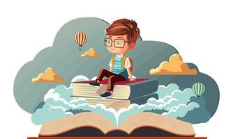 Student Boy Character Sitting On Book Stack With Hot Air Balloons On Clouds Background. vector