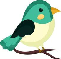 Vector of Cute Bird Sitting On Branch In Teal And Pastel Yellow Color.