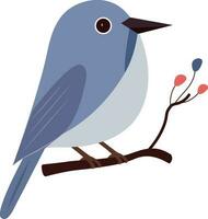 Pastel Blue Bird Sitting On Floral Branch Icon In Flat Style. vector