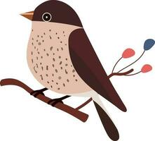 Sparrow Bird Sitting On Floral Branch Icon In Brown Color. vector