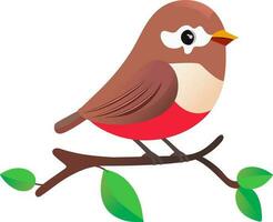 Brown And Red Bird Sitting On Branch Icon In Flat Style. vector