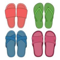 A Set of Slippers of Different Colors, Shapes and Types. Flat Illustration. vector