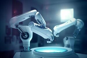 3d rendering robotic arm with blue light in a modern medical laboratory. . photo