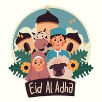 musulmanes y musulmanes son celebrando eid al-adha con vacas y cabras vector