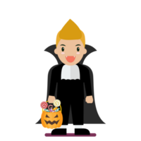 Boy with pumpkin basket dressed in vampire costume png