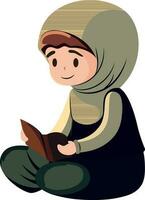 Illustration of Young Muslim Woman Reading Quran Book In Sitting Pose. vector