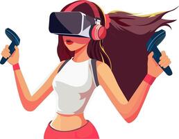 Adorable Character of Young Girl Wearing VR Headset With Hold Controllers. Illustration. vector