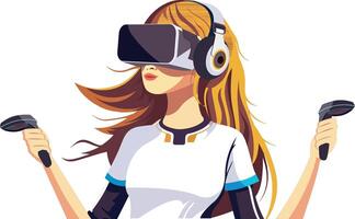 Adorable Character of Young Girl Wearing VR Headset With Hold Controllers. Illustration. vector