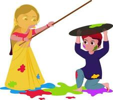 Cute Couple Character Presenting Lathmar Holi On Colourful Splash Background. vector