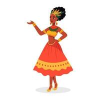 pluma tocado vistiendo brasileño hembra personaje en bailando pose. carnaval o samba danza concepto. vector