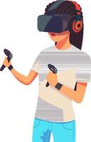 Adorable Character of Young Girl Wearing VR Headset With Hold Controllers. Illustration. vector