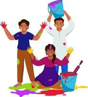 Young Boys And Girl Charater Playing Holi From Watercolor Bucket. Happy Holi Concept. vector