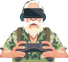 vector ilustración de antiguo hombre vistiendo vr auriculares con camuflaje atuendo. generativo ai ilustración.