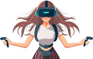 Adorable Character of Young Girl Wearing VR Headset With Hold Controllers. Illustration. vector