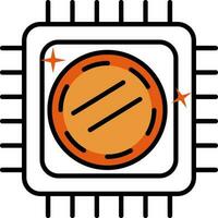 Coin On Cpu Chip Icon In Orange And White Color. vector