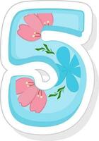 Blue Floral 5 Number Icon In Sticker Style. vector