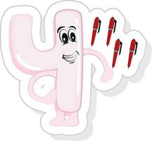 Pink Funny 4 Cartoon Number With Pens Icon In Sticker Style. vector