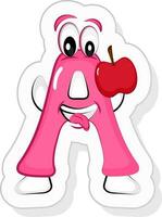 Pink A Alphabet Cartoon Character Holding Apple Icon In Sticker Style. vector