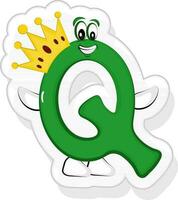 Green Q Alphabet Cartoon Wearing Crown Icon In Sticker Style. vector