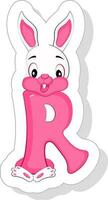Happy R Alphabet Animal Cartoon Rabbit Icon In Sticker Style. vector