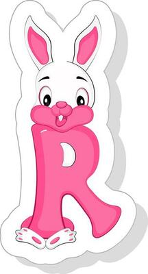Happy R Alphabet Animal Cartoon Rabbit Icon In Sticker Style.