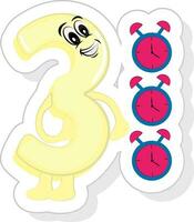 Sticker Style Happy 3 Cartoon Number With Alarm Clock Icon In Yellow And Pink Color. vector