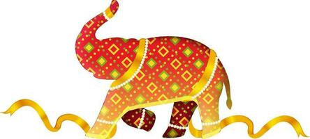 Red And Golden Square Geometric Cross Elephant Running With Ribbon On White Background. vector