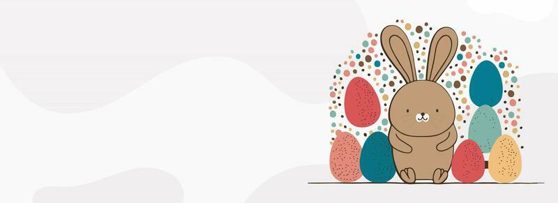 Vector Illustration of Cute Rabbit With Colorful Eggs On White Background And Copy Space. Happy Easter Day Concept.
