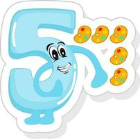 Blue 5 Number Cartoon With Coloring Palette Icon In Sticker Style. vector