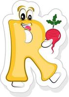 Yellow R Alphabet Cartoon Character Holding Radish Icon In Sticker Style. vector