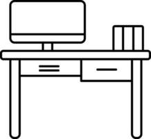 Computer With Desk Icon In Black Stroke. vector