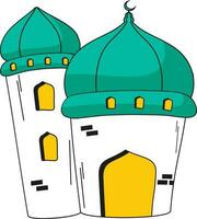 Doodle Style Mosque Minaret Teal And Yellow Element. vector