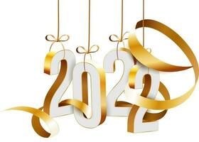 3D 2022 Number Hang With Golden Ribbon Curve On White Background. vector