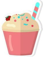 Ice Cream Cup With Waffle Stick And Strawberry Icon In Sticker Style. vector