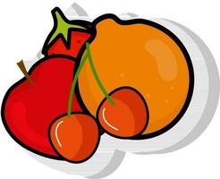 Illustration of Apple, Cherry, Orange And Strawberry In Sticker Style. vector