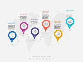 Navigation Location PowerPoint Template With Business Icons And 6 Options On World Map. vector