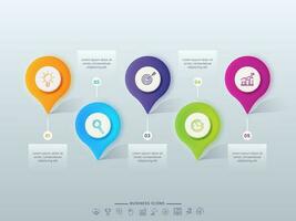 Business Infographic Timeline Template With Five Location Pins of Different Color And Thin Line Icons. vector