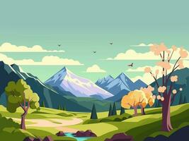 hermosa naturaleza paisaje antecedentes con montañas, arboles y volador aves. vector